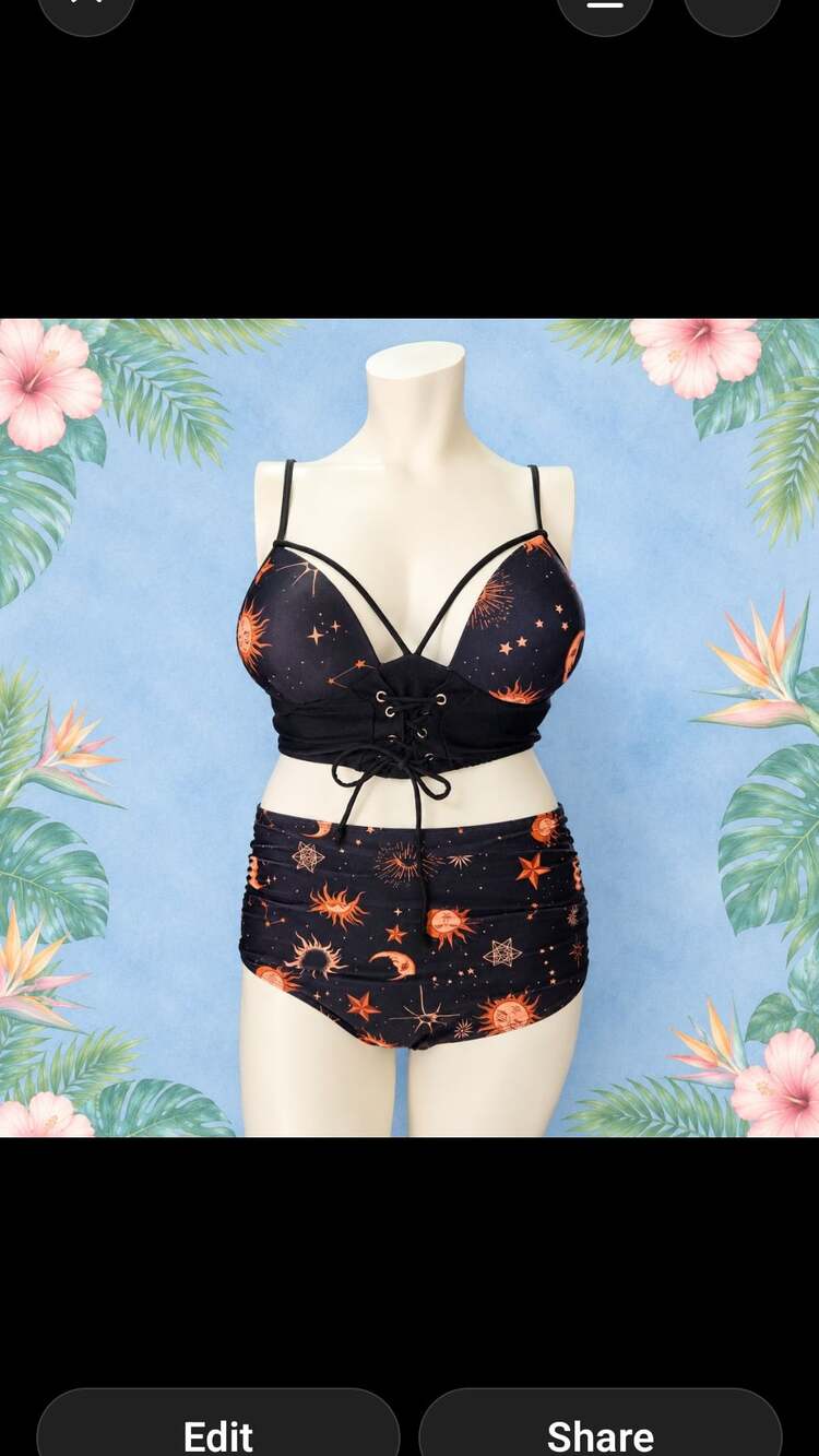 ROMWE Goth Sun and Moon Print Lace-Up Criss Cross High-Waisted Bikini Set